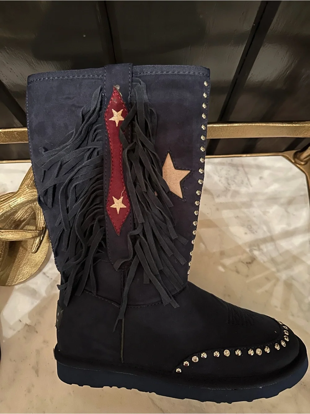 MONTANA WEST Suede Leather Western slide fur Boots Rodeo studded fringe Navy 7